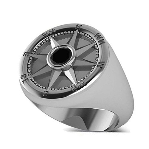 Allurez - Men's Black Diamond Nautical Compass Palladium Promise Ring 1